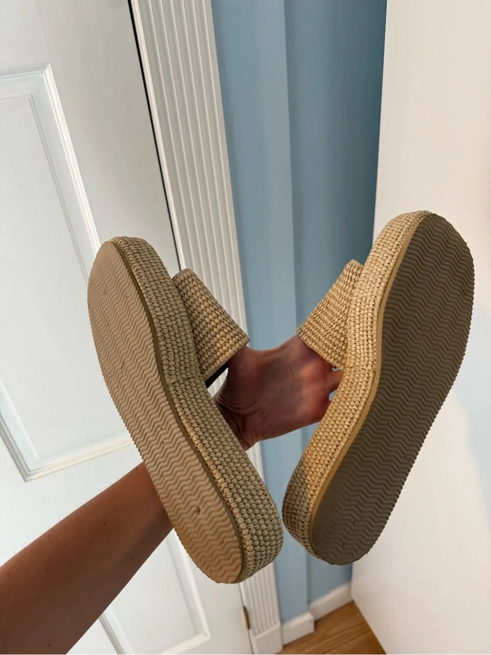 Woven Slide Platform Sandals in Beige